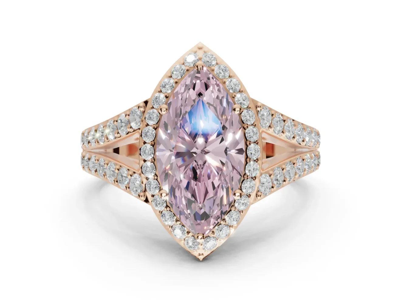 Marquise Halo Pavé Engagement Ring Setting for a Fancy Pink Lab-Grown Diamond | Narrow Split Shank | Rose Gold