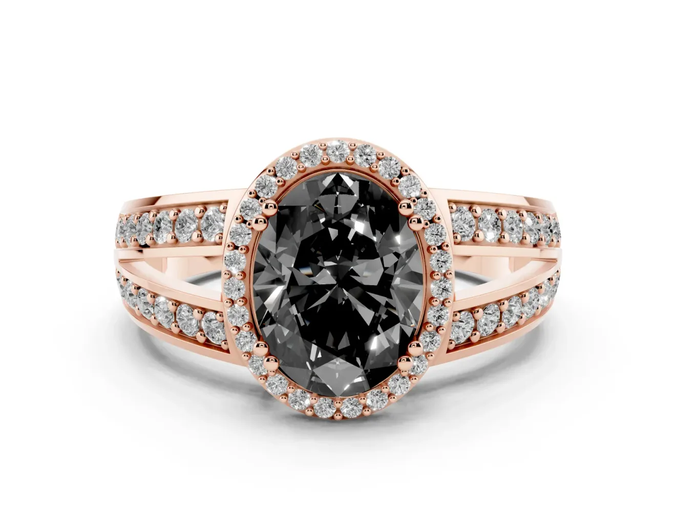 Oval Halo Engagement Ring Setting for a Black Center | Two-Row Pavé Split Shank | Rose Gold