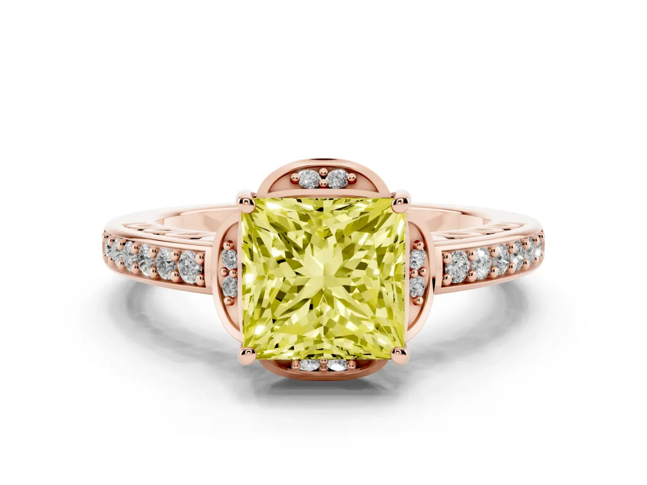 Princess Cut Floral Pavé Engagement Ring Setting for a Fancy Yellow Lab-Grown Diamond | Rose Gold