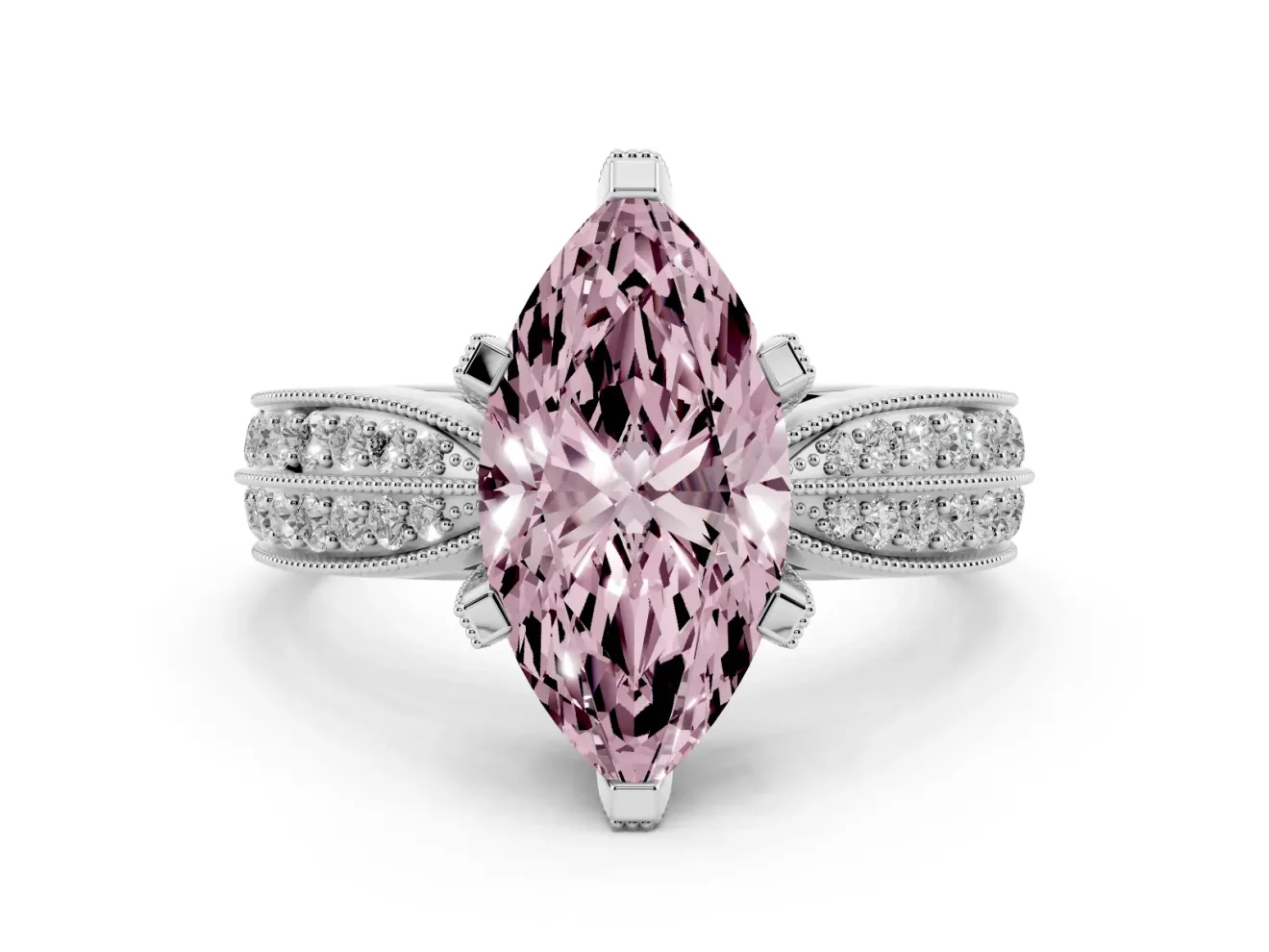 Fancy Pink Marquise Cut Diamond Solitaire Ring Set in White gold with Milgrain Double Row Round Pavé Band