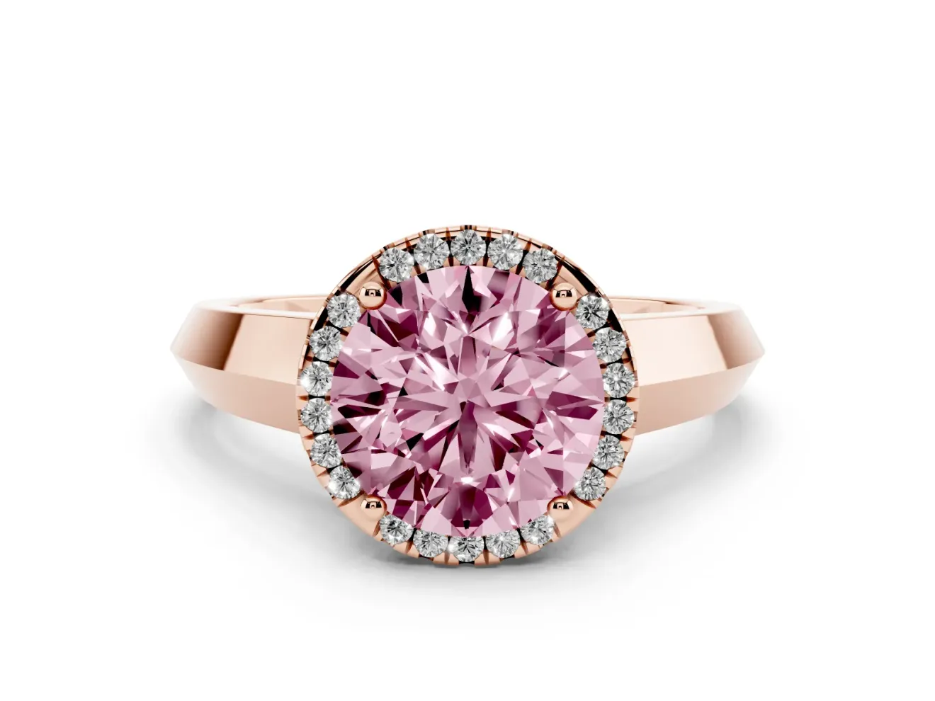 Fancy Pink Round Cut Diamond Halo Ring Set in Rose gold with Cathedral Band and Prong Setting
