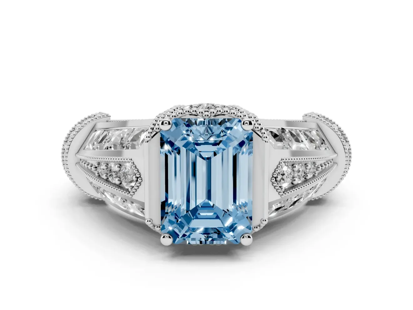 Emerald Cut Vintage Milgrain Engagement Ring Setting for a Fancy Blue Lab-Grown Diamond | Hidden Halo | Platinum