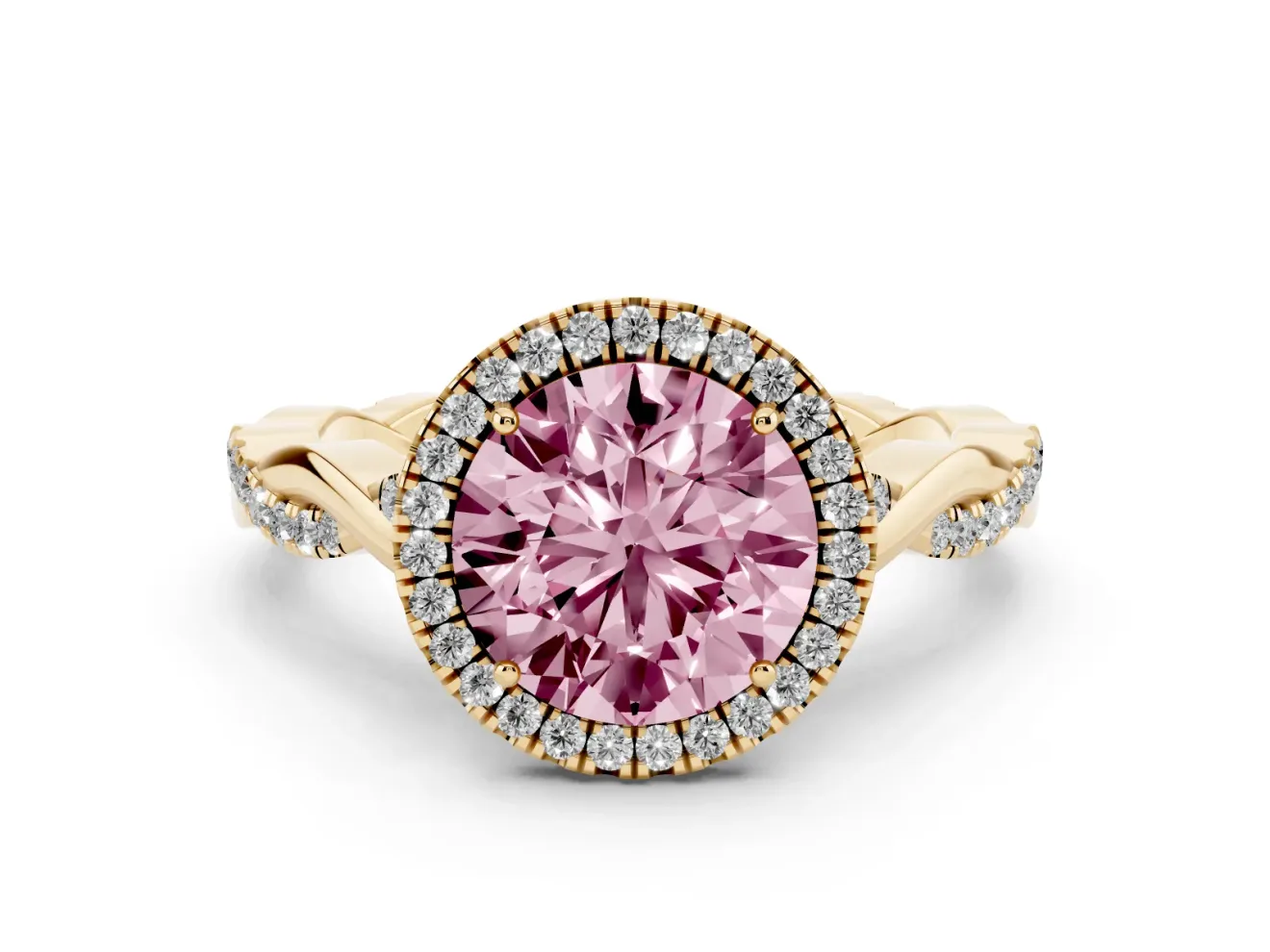 Round Twist Halo Engagement Ring Setting for a Fancy Pink Lab-Grown Diamond | Yellow Gold