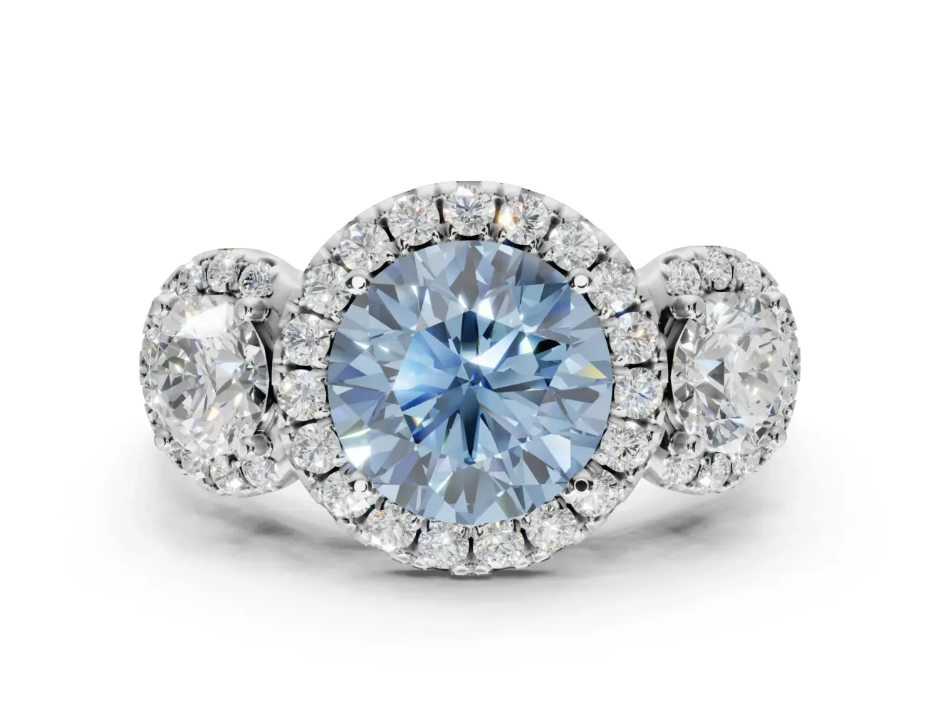 Round Three Stone Halo Engagement Ring Setting for a Fancy Blue Lab-Grown Diamond | Platinum