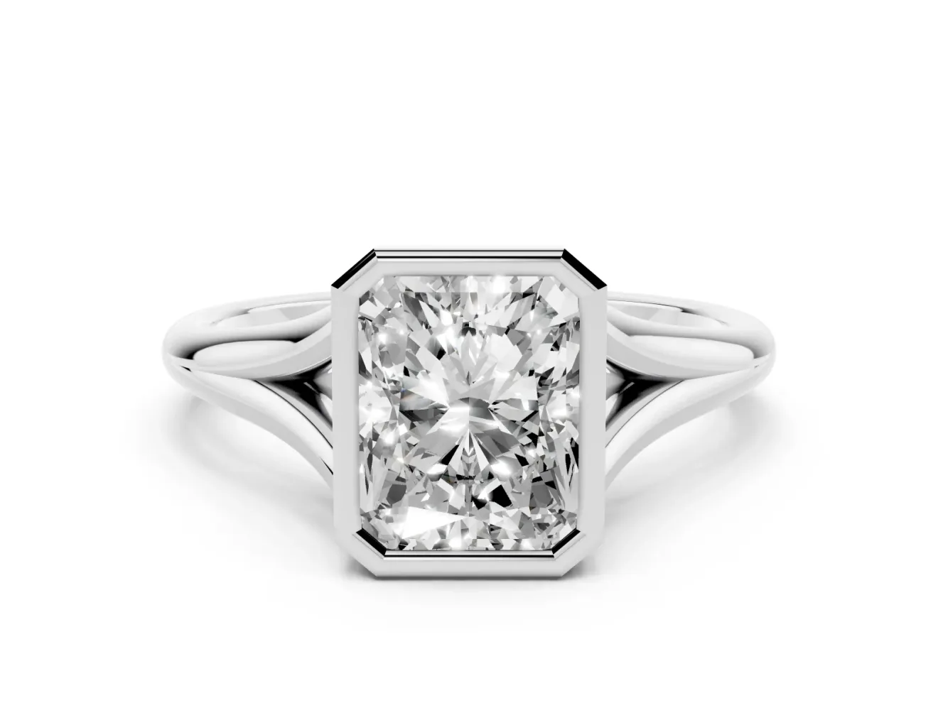 Bezel Set Radiant Cut Diamond Solitaire Ring Set in Silver with Tapered Band