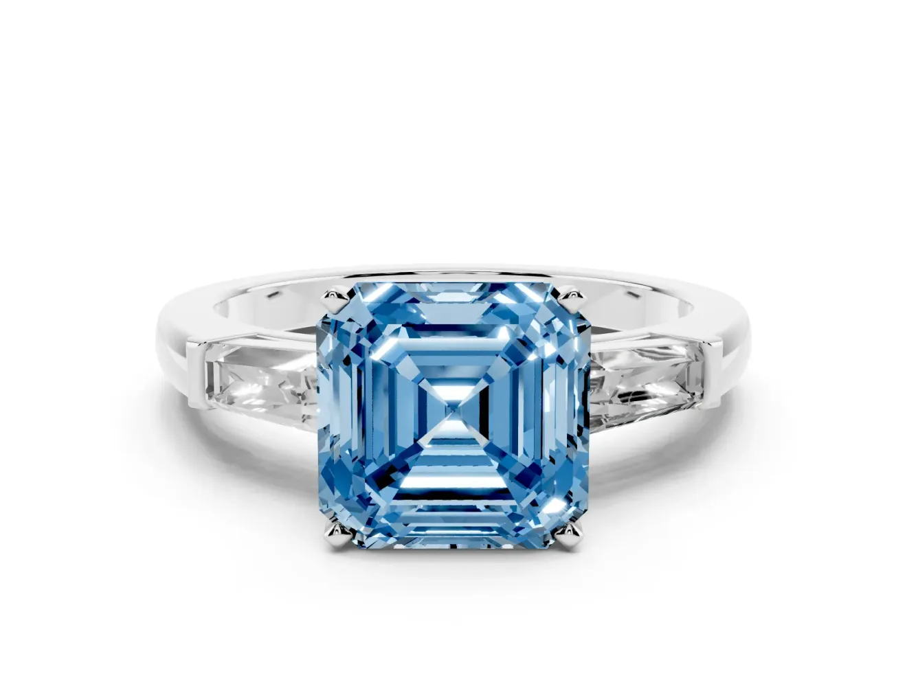Fancy Blue Asscher Cut Diamond Solitaire Ring Set in Silver with Tapered Baguette Side Stones and Prong Setting