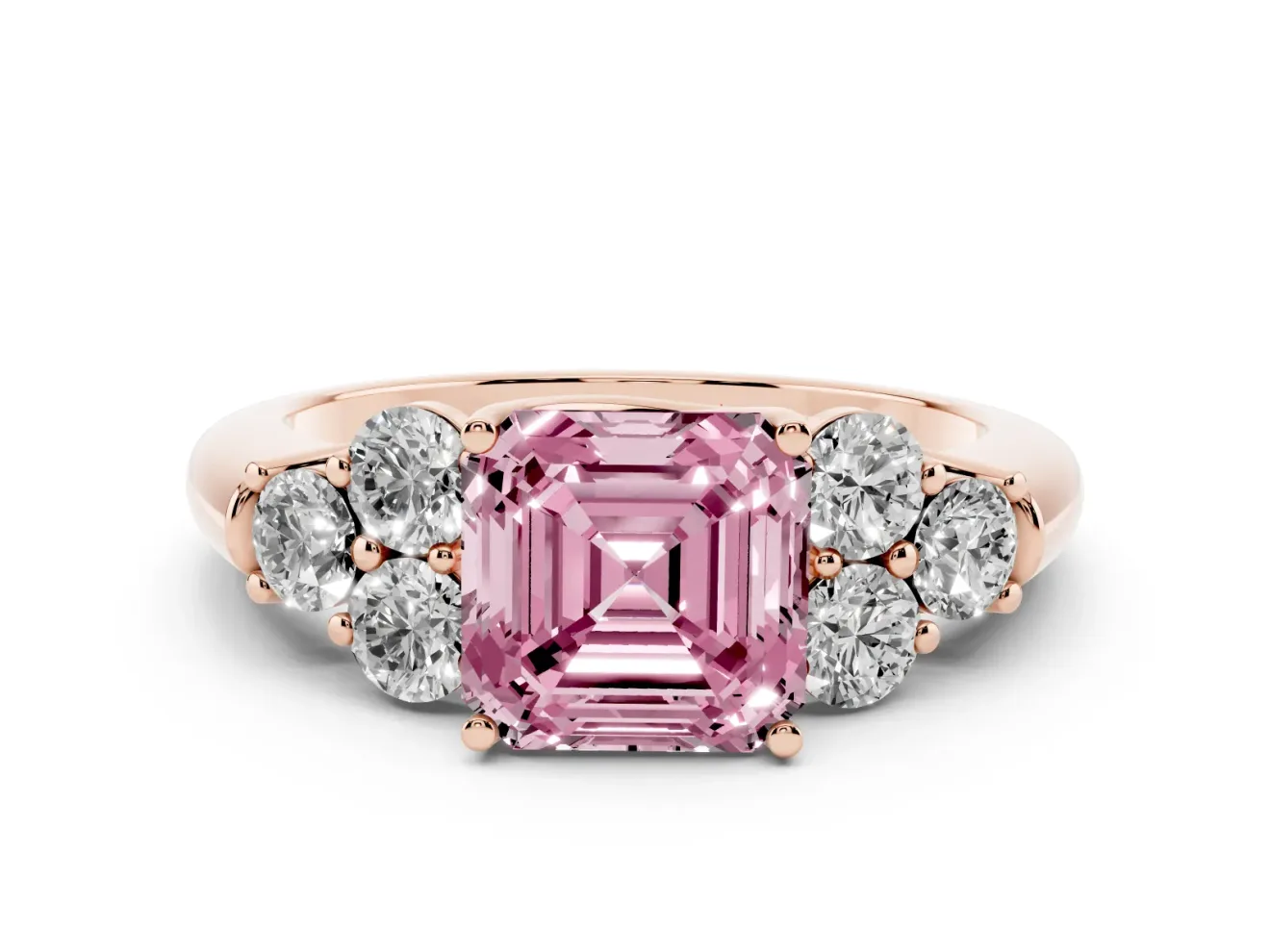Fancy Pink Asscher Cut Diamond Cluster Ring Set in Rose gold with Round Accent Stones and Prong Setting on a Plain Band