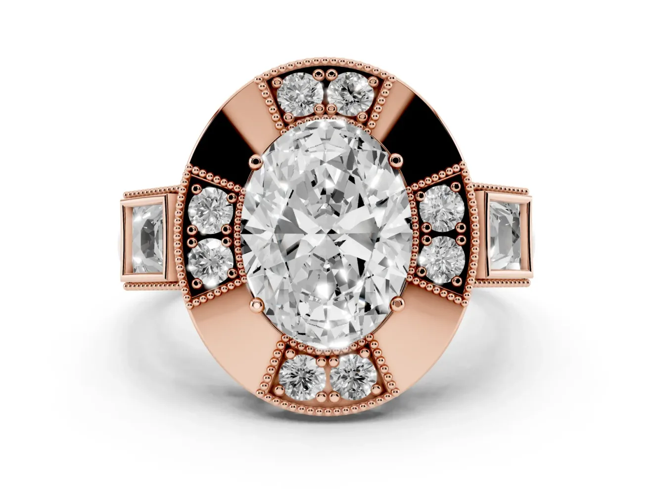 Oval Cut Diamond Milgrain Halo Ring Set in Rose gold with Split Shank