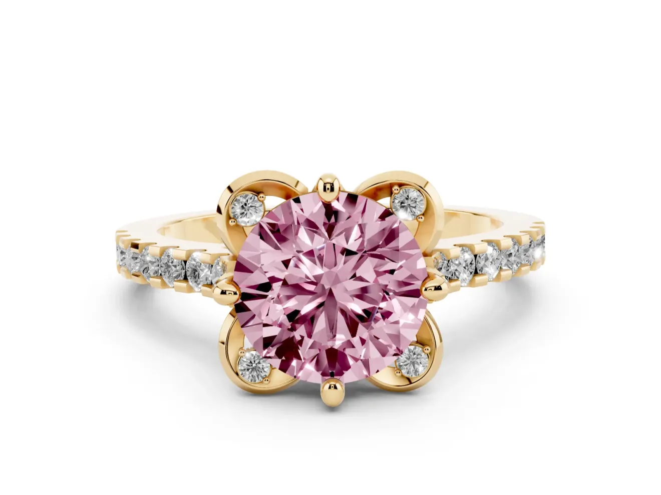 Round Floral Engagement Ring Setting for a Fancy Pink Lab-Grown Diamond | Pavé Band | Yellow Gold