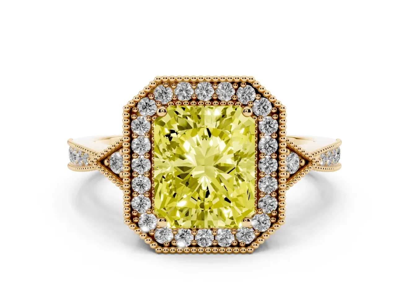 Radiant Cut Milgrain Halo Engagement Ring Setting for a Fancy Yellow Lab-Grown Diamond | Graduated Pavé | Yellow Gold