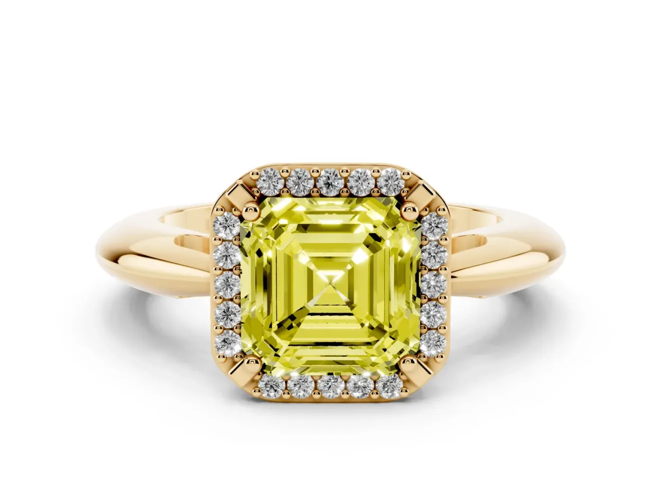 Asscher Cut Halo Engagement Ring Setting for a Fancy Yellow Lab-Grown Diamond | Plain Tapered Band | Yellow Gold