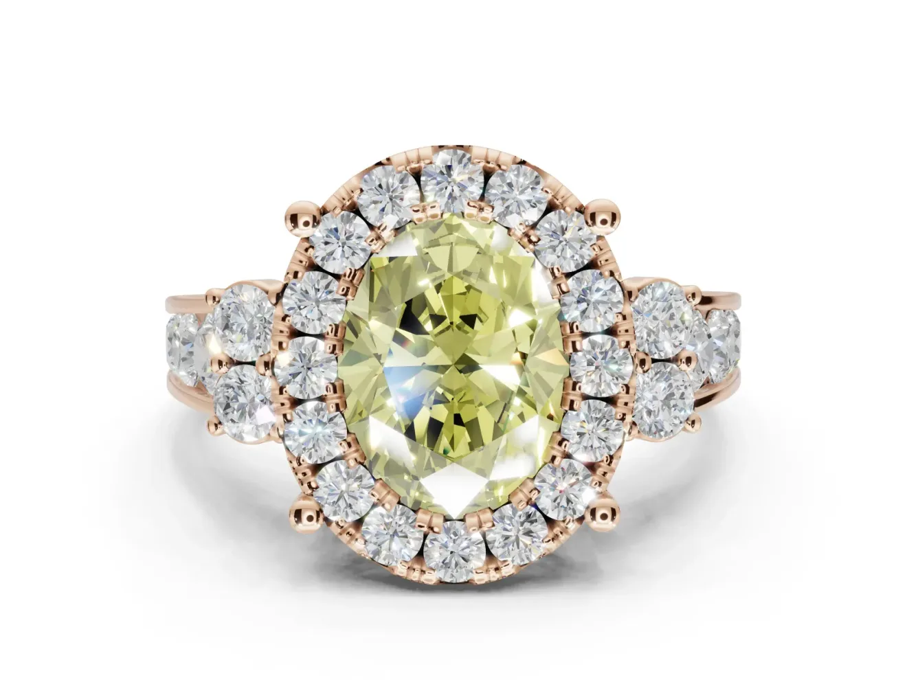 Oval Halo Engagement Ring Setting for a Fancy Yellow Lab-Grown Diamond | Side Clusters | Rose Gold