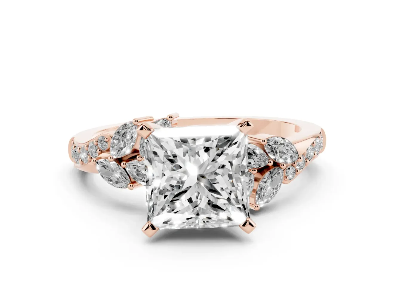 Princess Cut Floral Engagement Ring Setting | Marquise Side Stones | Rose Gold