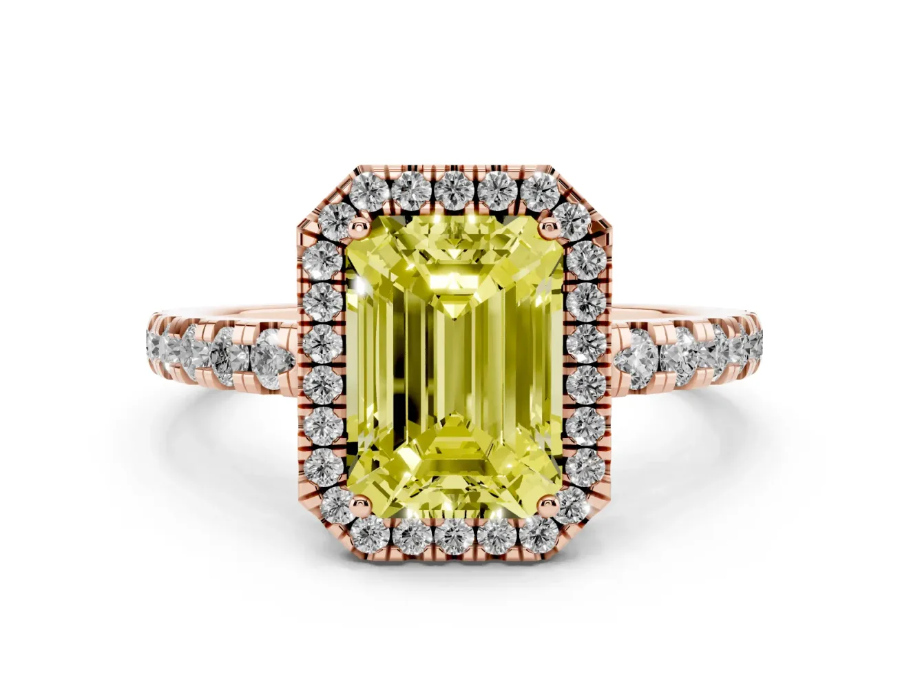 Fancy Yellow Emerald Cut Diamond Halo Ring Set in Rose gold with Delicate Pavé Band and Prong Setting