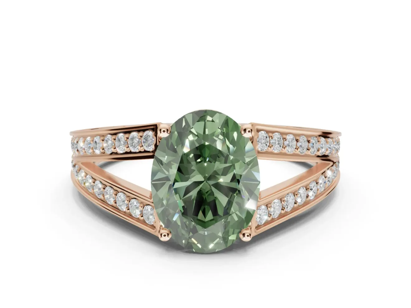 Oval Split Shank Pavé Engagement Ring Setting for a Fancy Green Lab-Grown Diamond | Rose Gold
