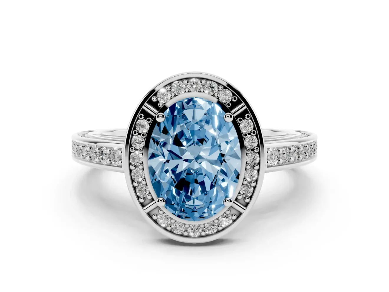 Fancy Blue Oval Cut Diamond Halo Pavé Split Shank Ring Set in Silver with Prong Setting