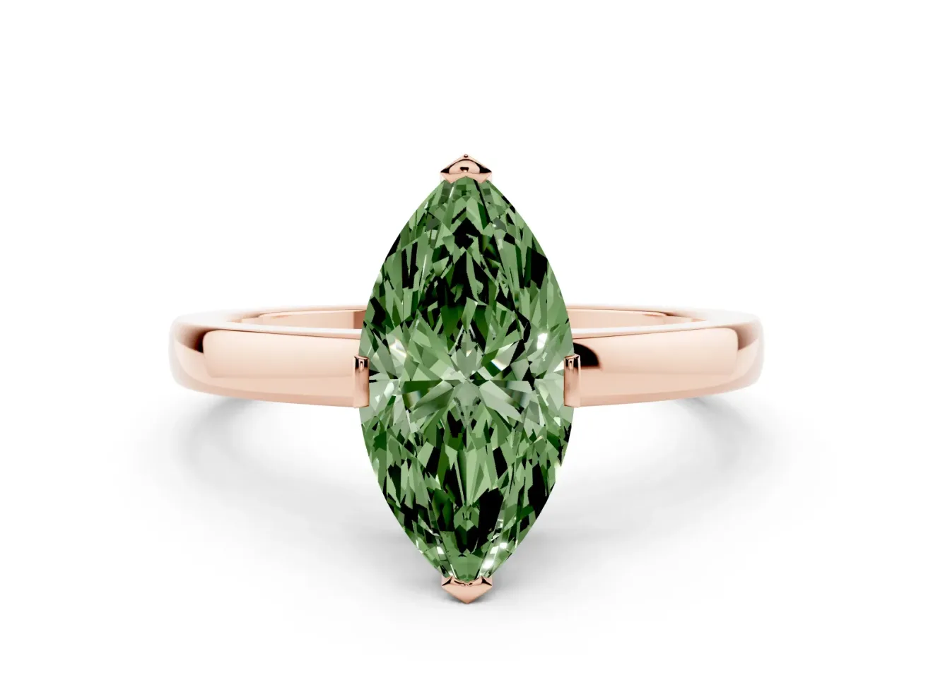 Fancy Green Marquise Cut Diamond Solitaire Ring Set in Rose gold with Prong Head and Smooth Polished Band