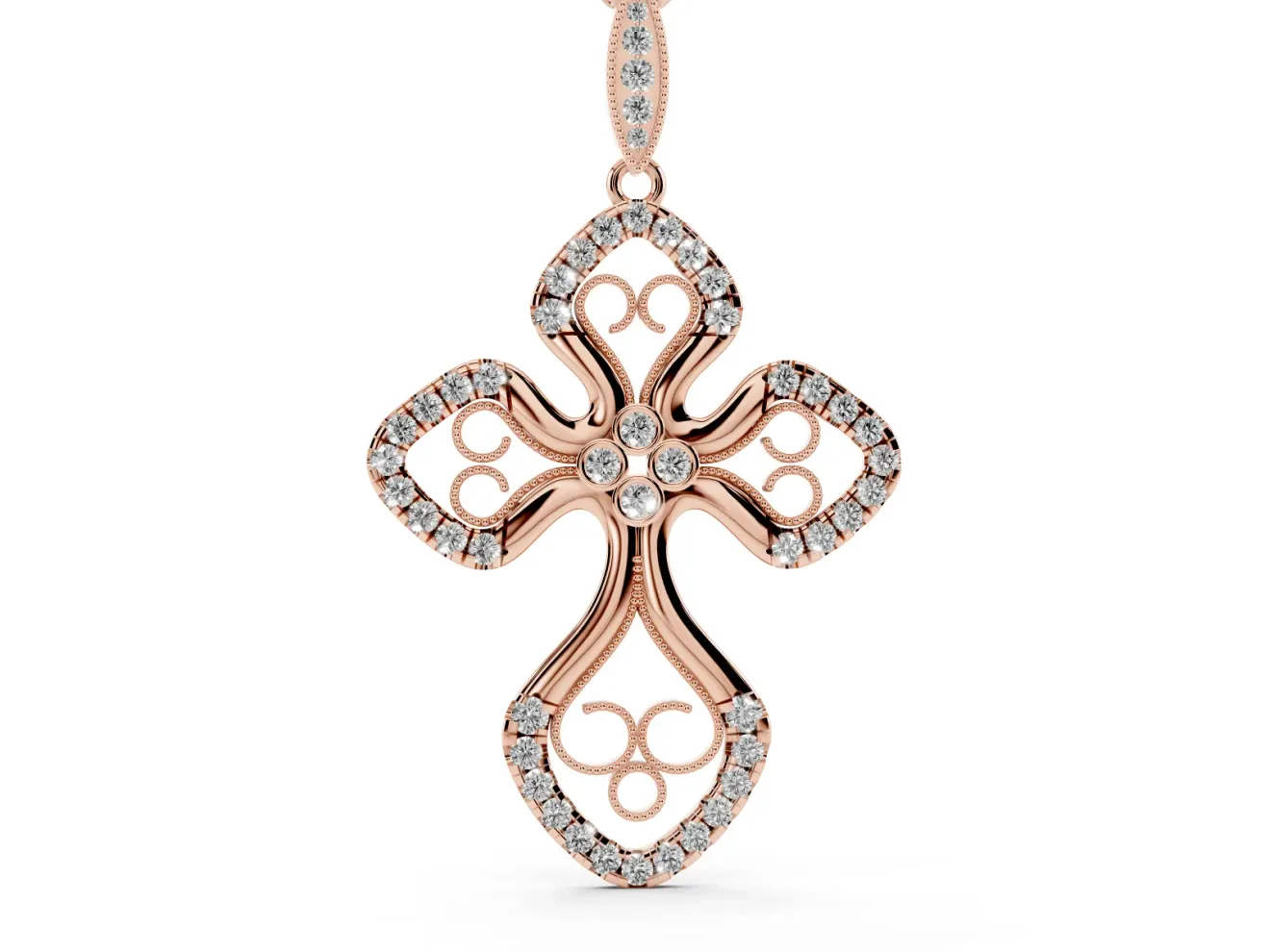 Round Lab-Grown Diamond Graduated Filigree Cross Pendant Necklace | Milgrain Edges | Rose Gold