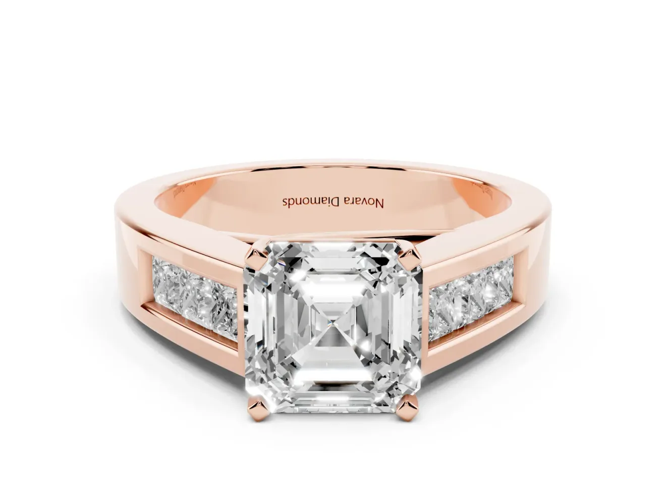 Asscher Cut Diamond Solitaire Ring Set in Rose gold with Channel-Set Accent Stones and Prong Setting