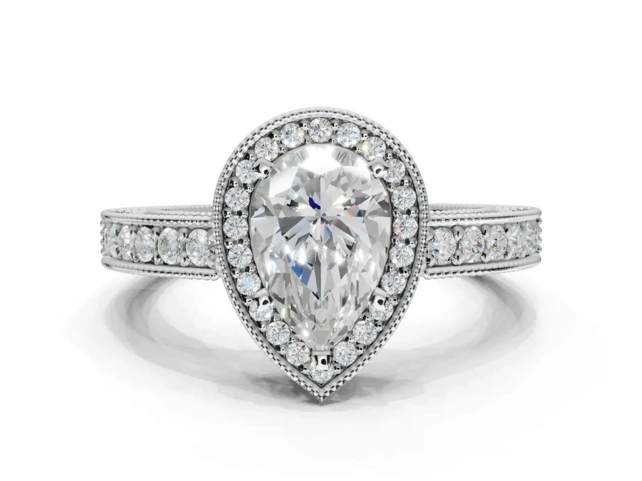 Pear-Shaped Vintage Milgrain Halo Engagement Ring Setting | Wide Pavé Band | Platinum