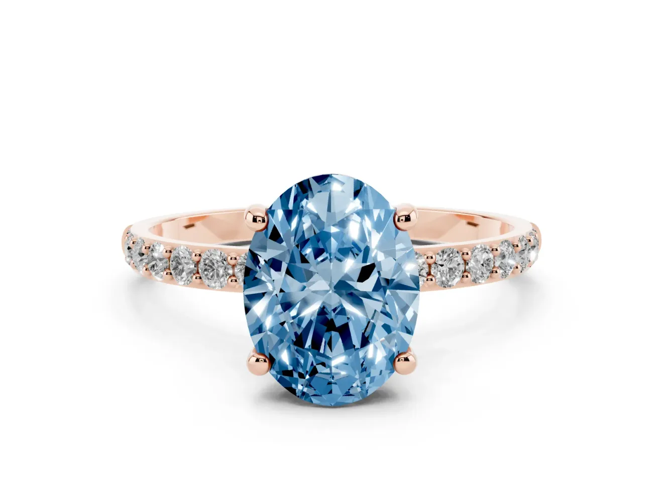 Fancy Blue Oval Cut Diamond Solitaire Ring Set in Rose gold with Round Pavé Band and Prong Setting