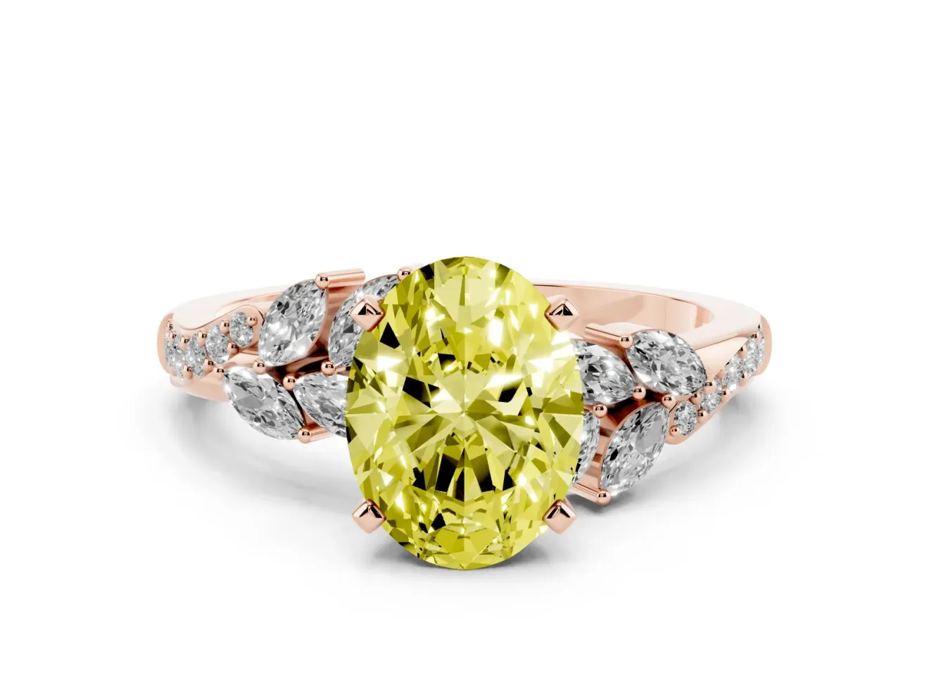 Fancy Yellow Oval Cut Diamond Solitaire Ring Set in Rose gold with Marquise Twist Band and Prong Setting