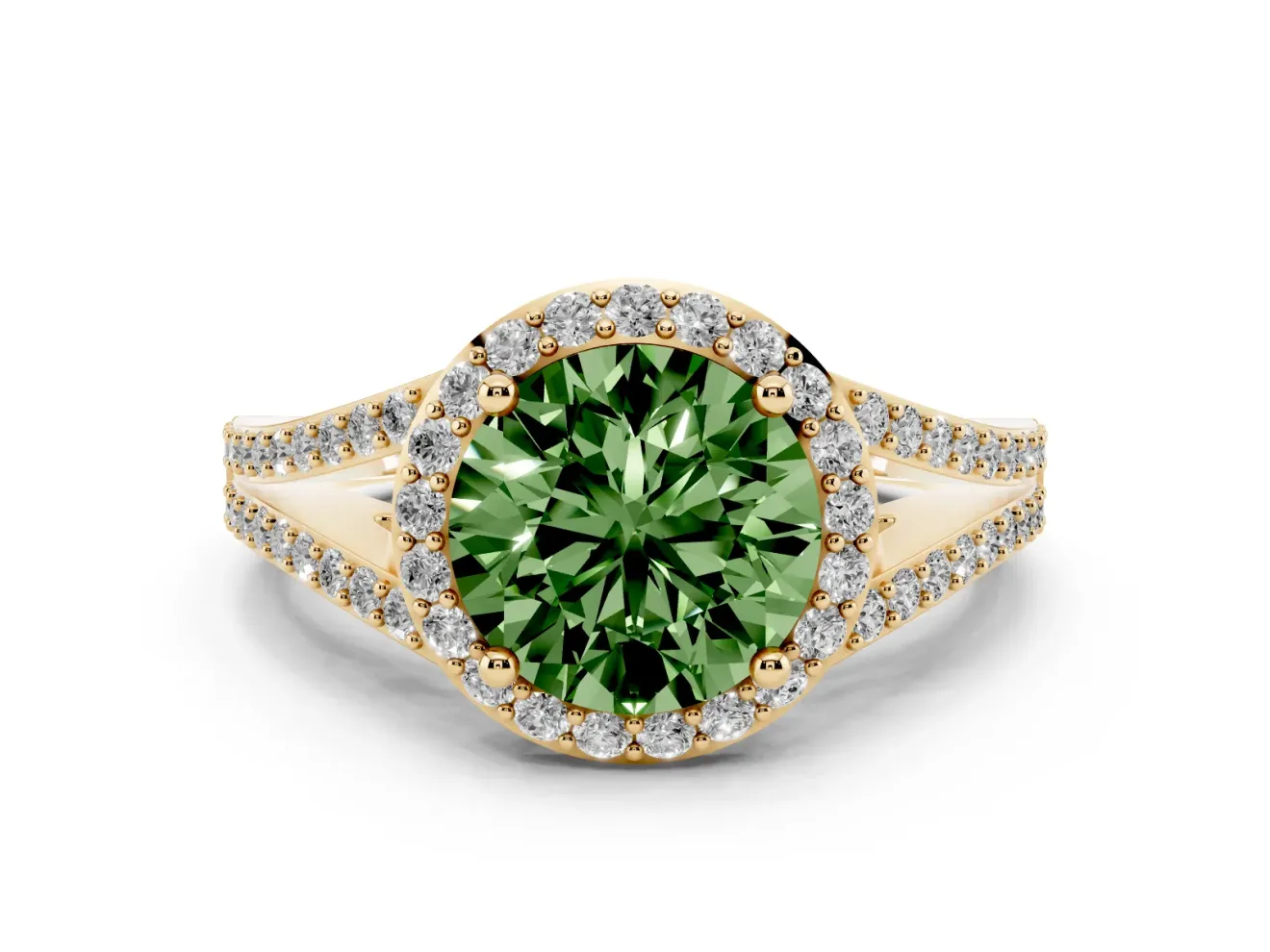 Round Halo Engagement Ring Setting for a Fancy Green Lab-Grown Diamond | Pave Split Shank | Yellow Gold