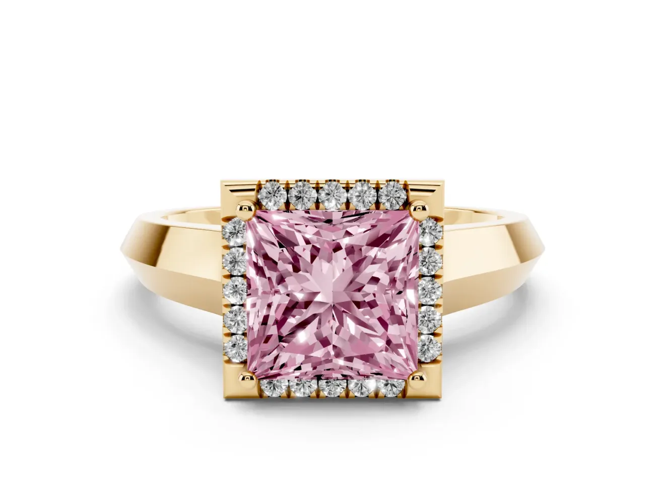 Fancy Pink Princess Cut Diamond Halo Ring Set in Yellow gold with Cathedral Band and Prong Setting