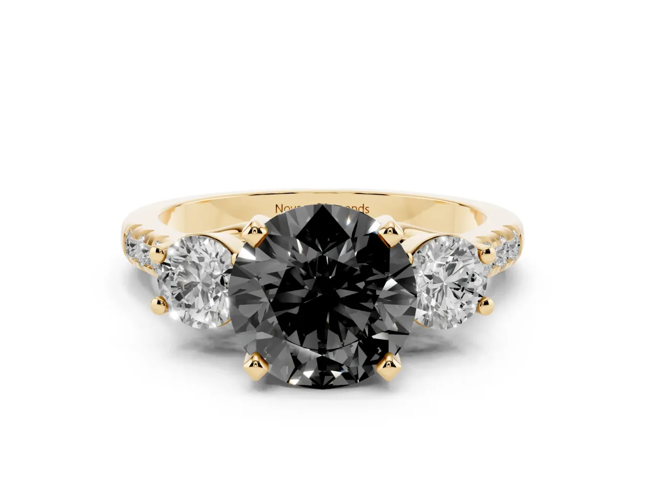 Fancy Black Three-Stone Round Cut Diamond Pavé Band Ring Set in Yellow gold with Prong-Set Trio