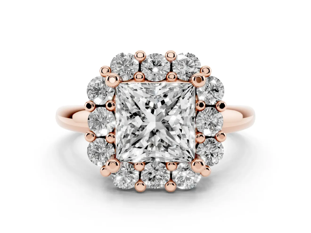 Princess Cut Cluster Halo Engagement Ring Setting | Large Round Accents | Rose Gold