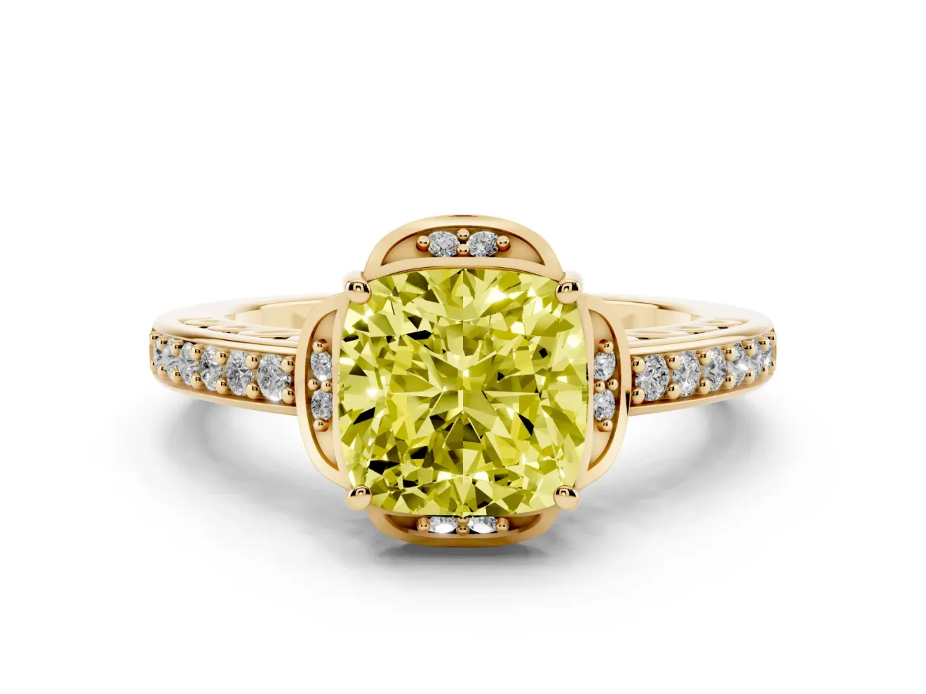 Cushion Cut Floral Pavé Engagement Ring Setting for a Fancy Yellow Lab-Grown Diamond | Yellow Gold