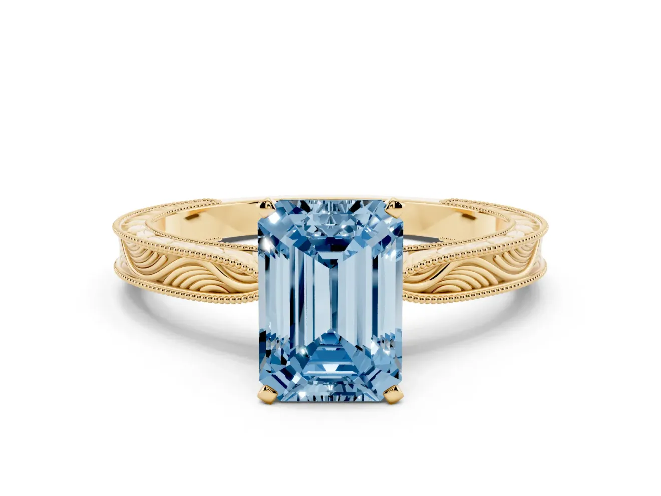Fancy Blue Emerald Cut Diamond Solitaire Milgrain Engraved Band Set in Yellow gold with Prong Setting