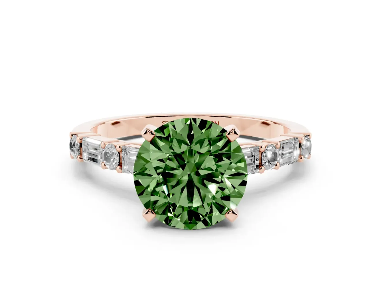 Fancy Green Round Cut Diamond Solitaire Set in Rose gold with Side Baguettes and Channel Set Band