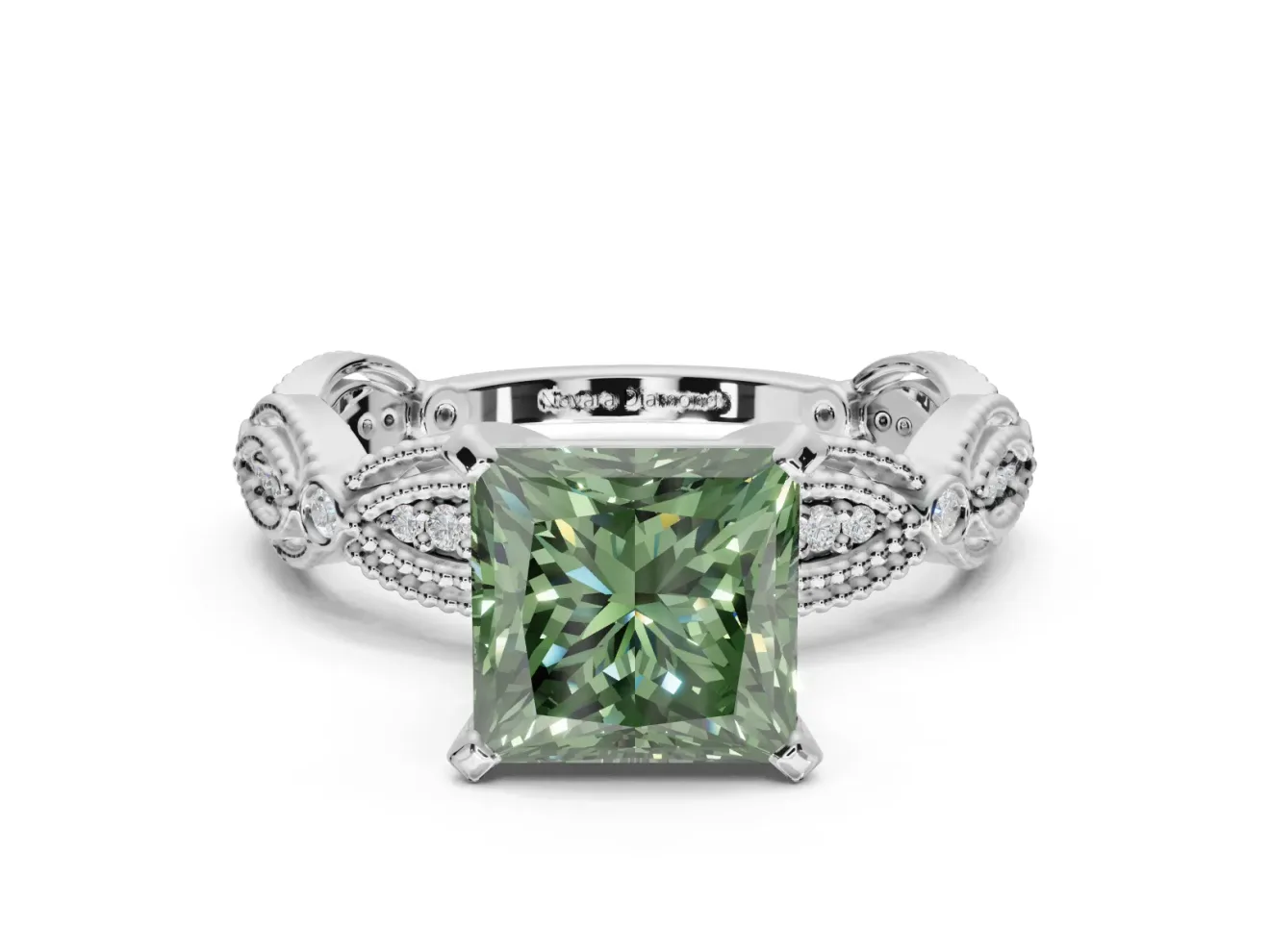 Princess Cut Vintage Engagement Ring Setting for a Fancy Green Lab-Grown Diamond | Graduated Stations | Platinum