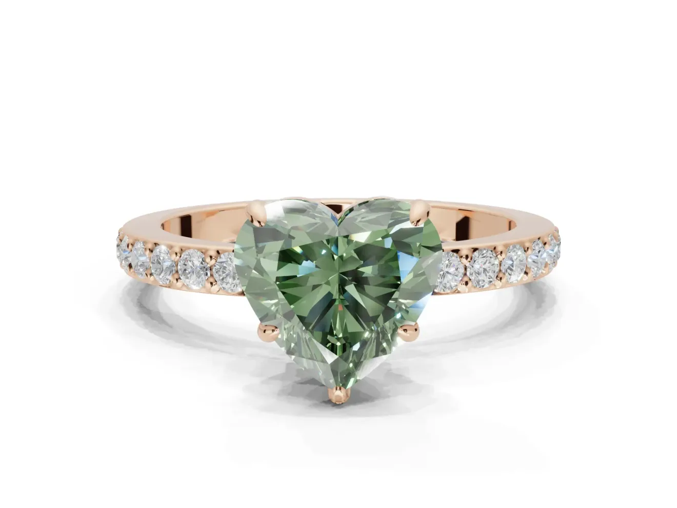 Heart-Shaped Hidden Halo Engagement Ring Setting for a Fancy Green Lab-Grown Diamond | Pavé Band | Rose Gold