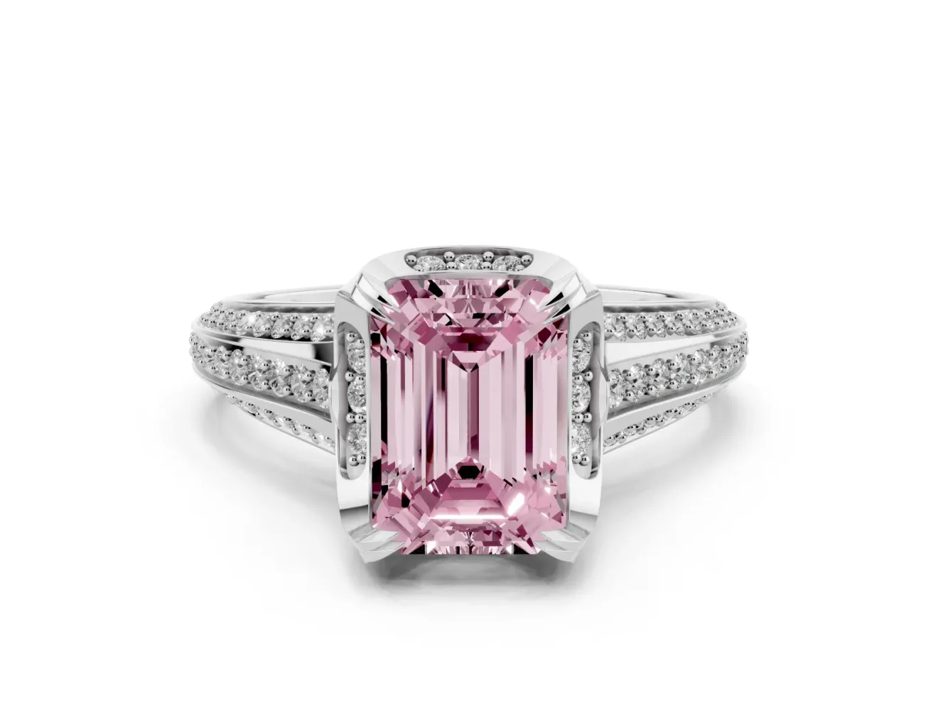 Emerald Cut Hidden Halo Engagement Ring Setting for a Fancy Pink Lab-Grown Diamond | Triple Row Pavé Band | White Gold