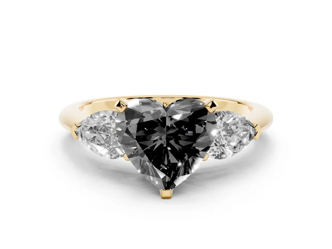 Heart-Shaped Three-Stone Engagement Ring Setting for a Black Center | Pear Side Stones | Yellow Gold