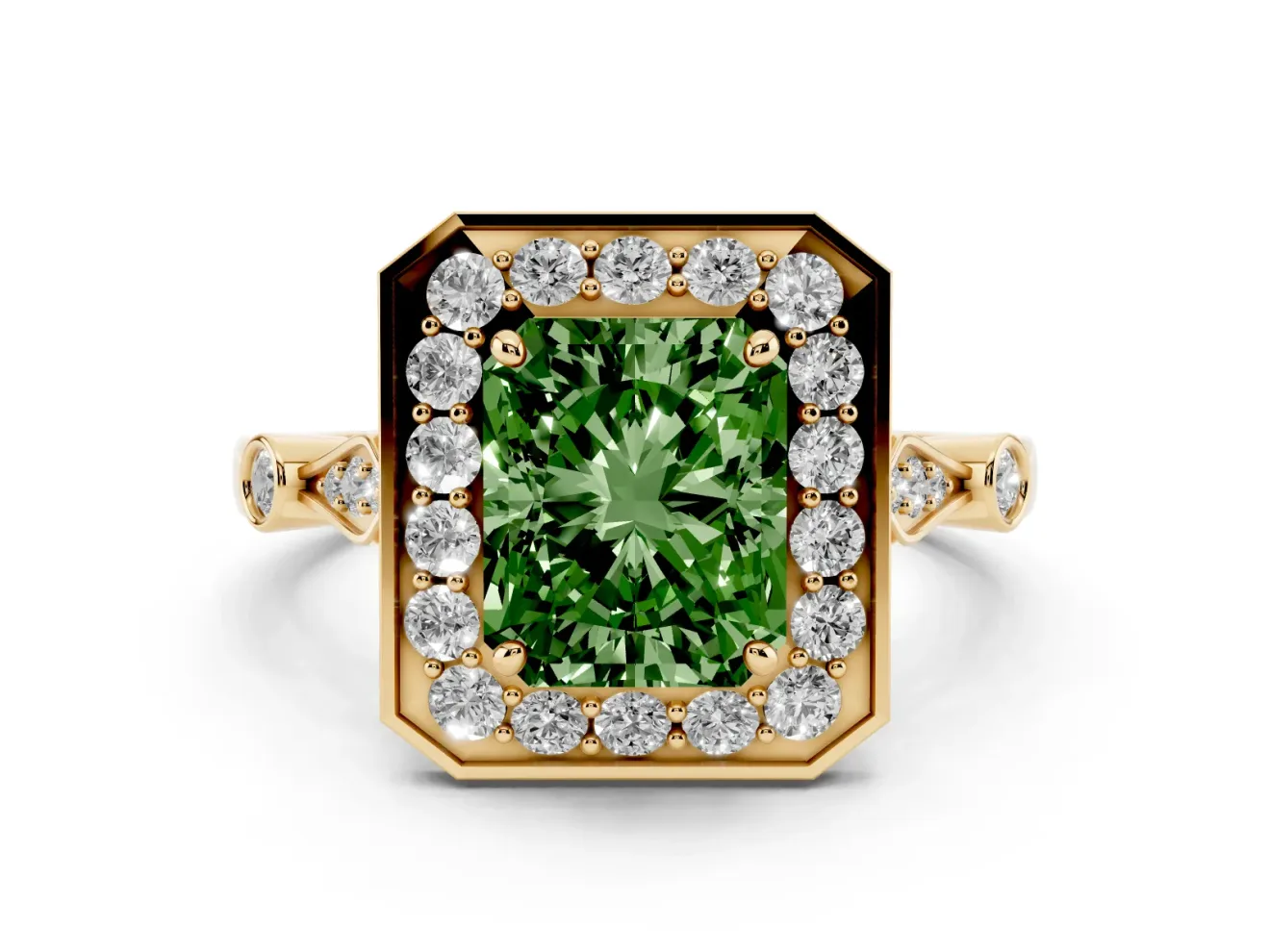 Radiant Cut Halo Engagement Ring Setting for a Fancy Green Lab-Grown Diamond | Bezel Station Shoulders | Yellow Gold