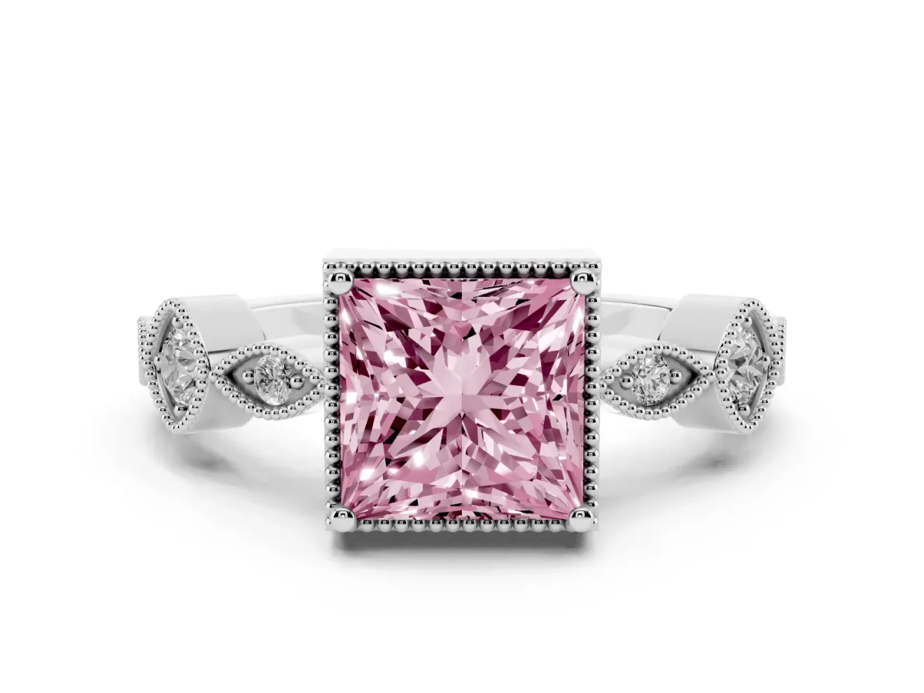 Fancy Pink Princess Cut Diamond Vintage-Inspired Milgrain Ring Set in Silver with Marquise Stations of Round Accents