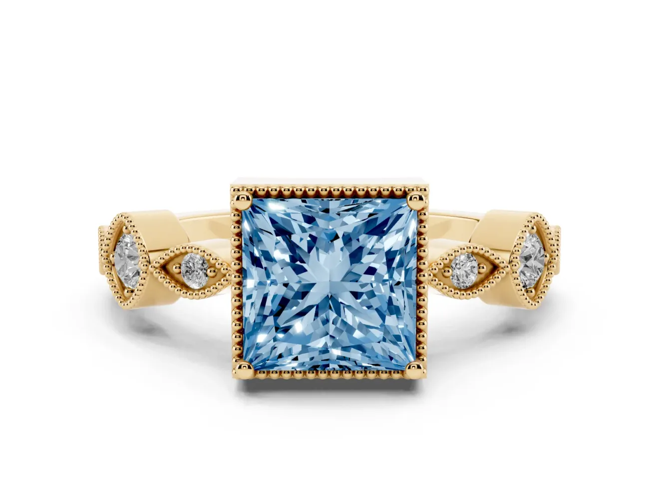 Fancy Blue Princess Cut Diamond Vintage-Inspired Milgrain Ring Set in Yellow gold with Marquise Stations of Round Accents