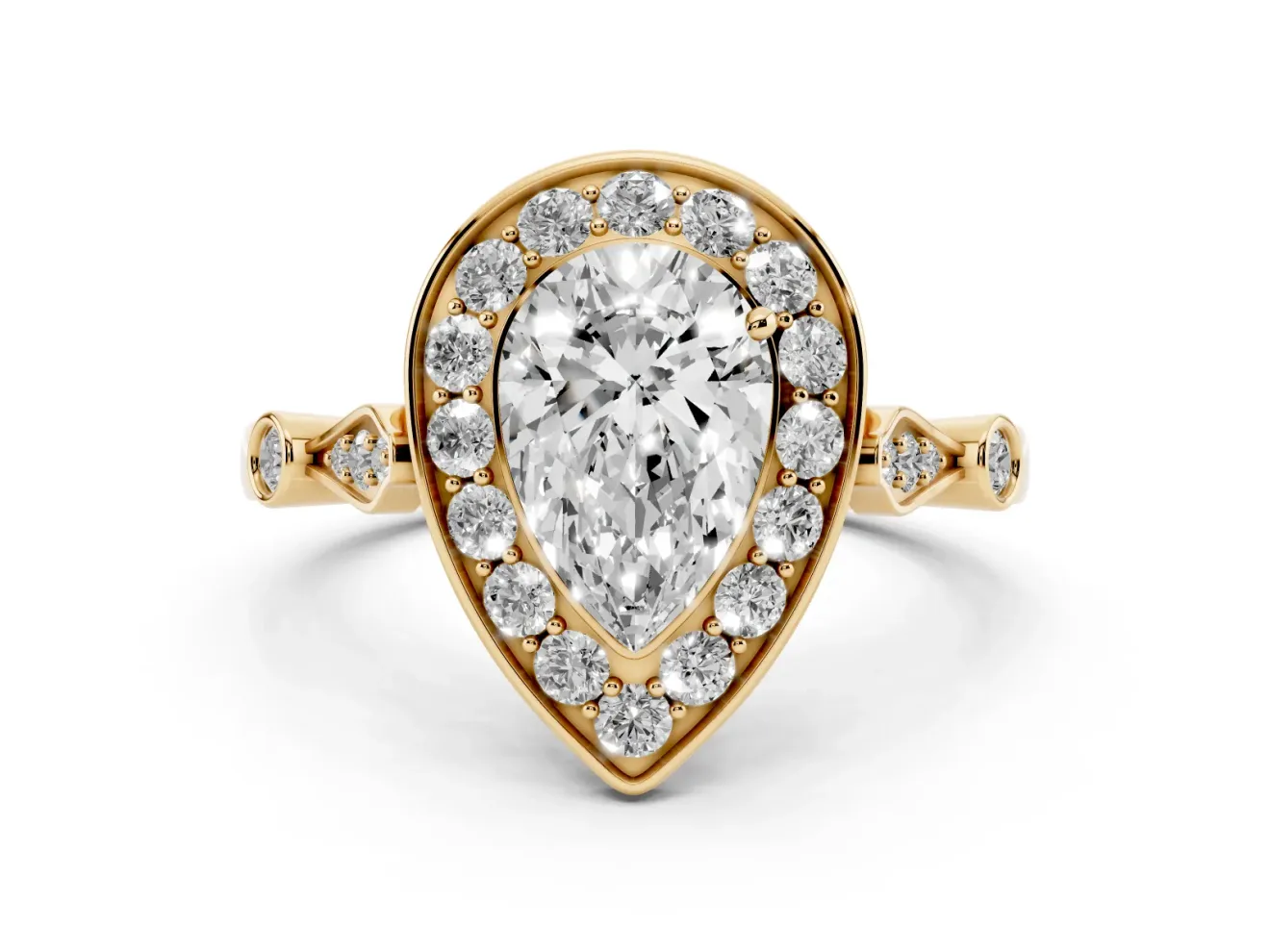 Pear-Shaped Vintage Halo Engagement Ring Setting | Bezel Station Shoulders | Yellow Gold