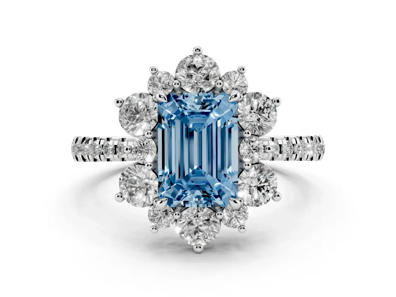Fancy Blue Emerald Cut Diamond Floral Halo Ring Set in Silver with Round Pavé Band and Prong Setting