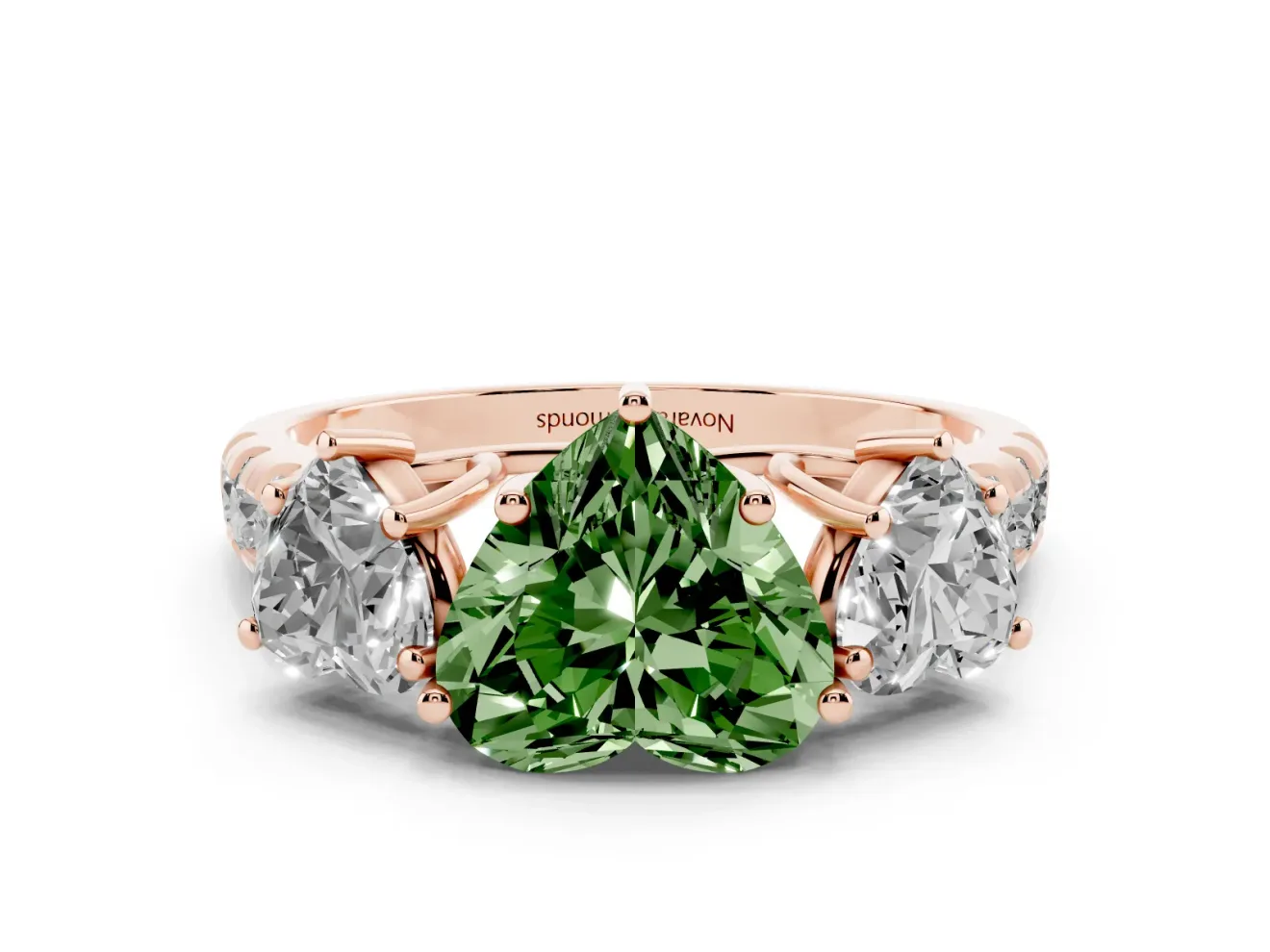 Heart-Shaped Three Stone Engagement Ring Setting for a Fancy Green Lab-Grown Diamond | Accented Shoulders | Rose Gold
