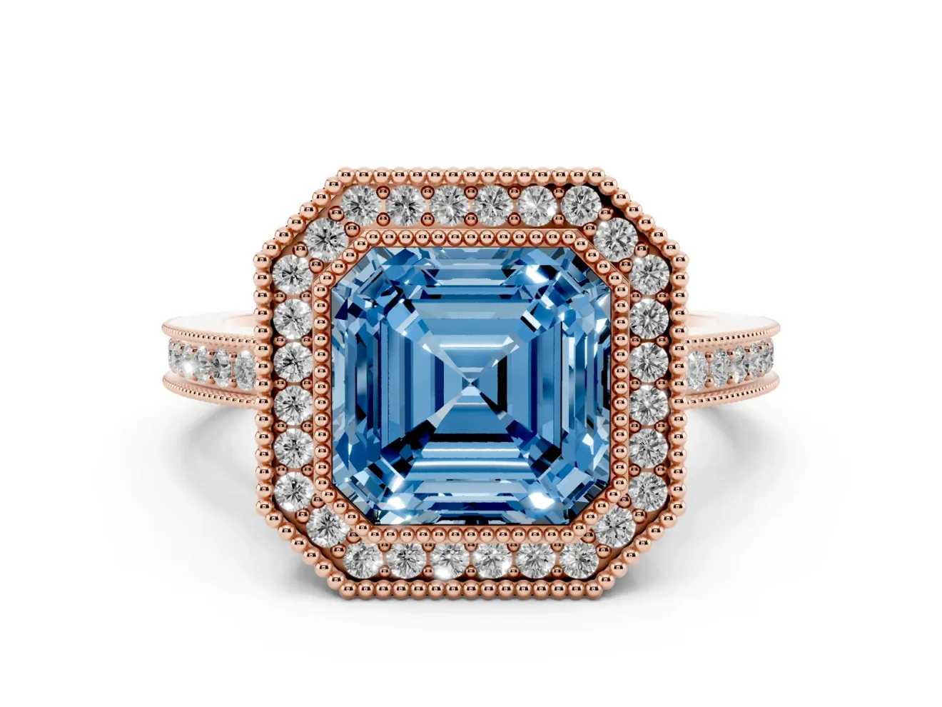 Asscher Cut Milgrain Halo Engagement Ring Setting for a Fancy Blue Lab-Grown Diamond | Rose Gold