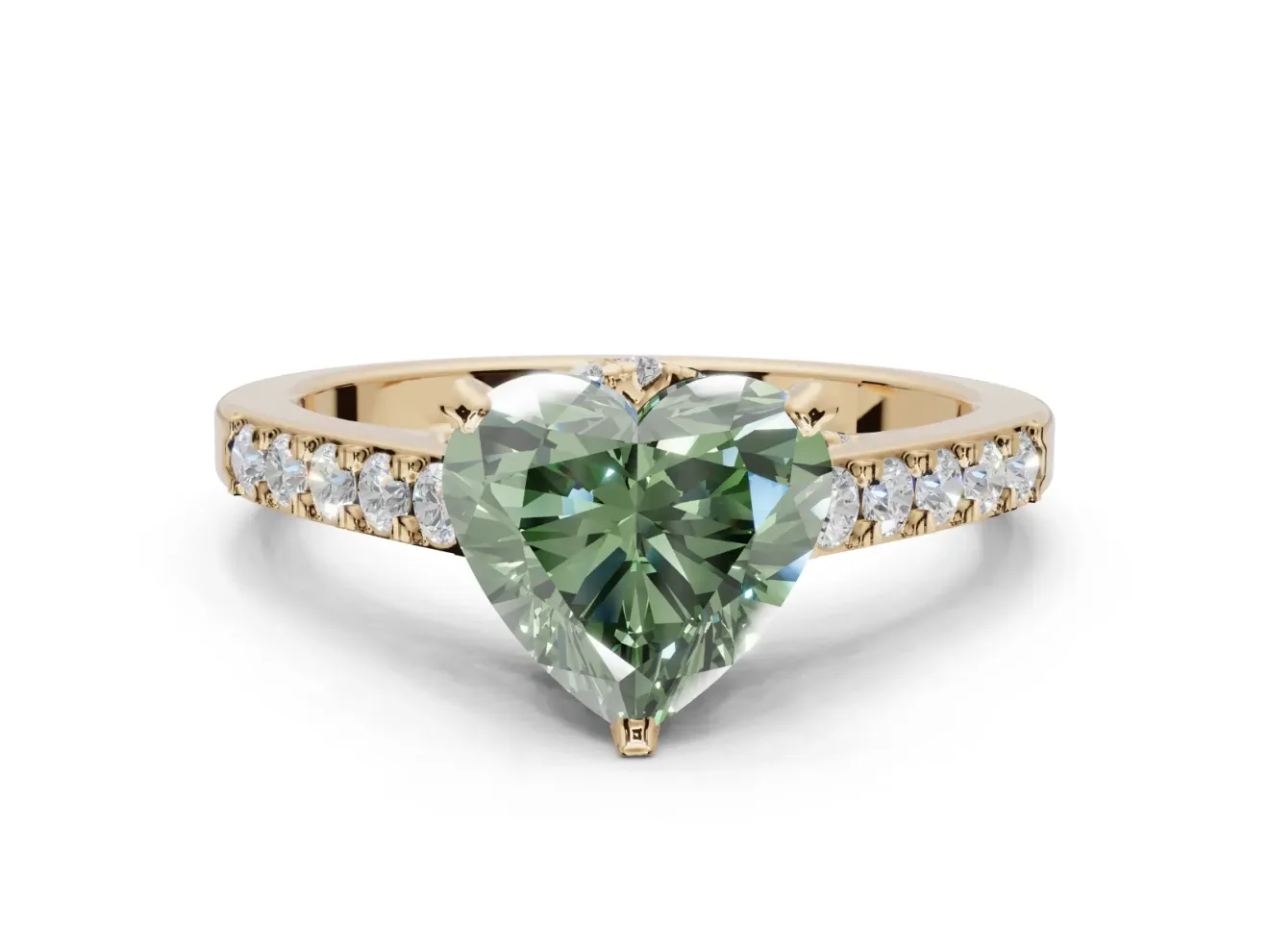 Heart-Shaped Pavé Engagement Ring Setting for a Fancy Green Lab-Grown Diamond | Crossover Gallery | Yellow Gold