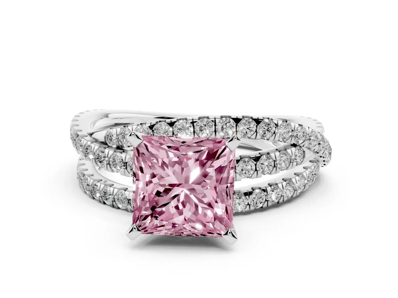 Fancy Pink Princess Cut Diamond Solitaire Twist Band Ring Set in White gold with Pavé Setting and Prong Head