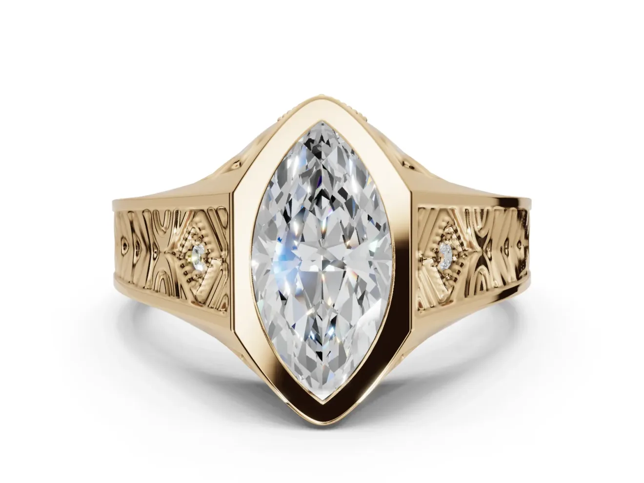 Marquise Vintage Bezel Engagement Ring Setting | Engraved Band | Yellow Gold