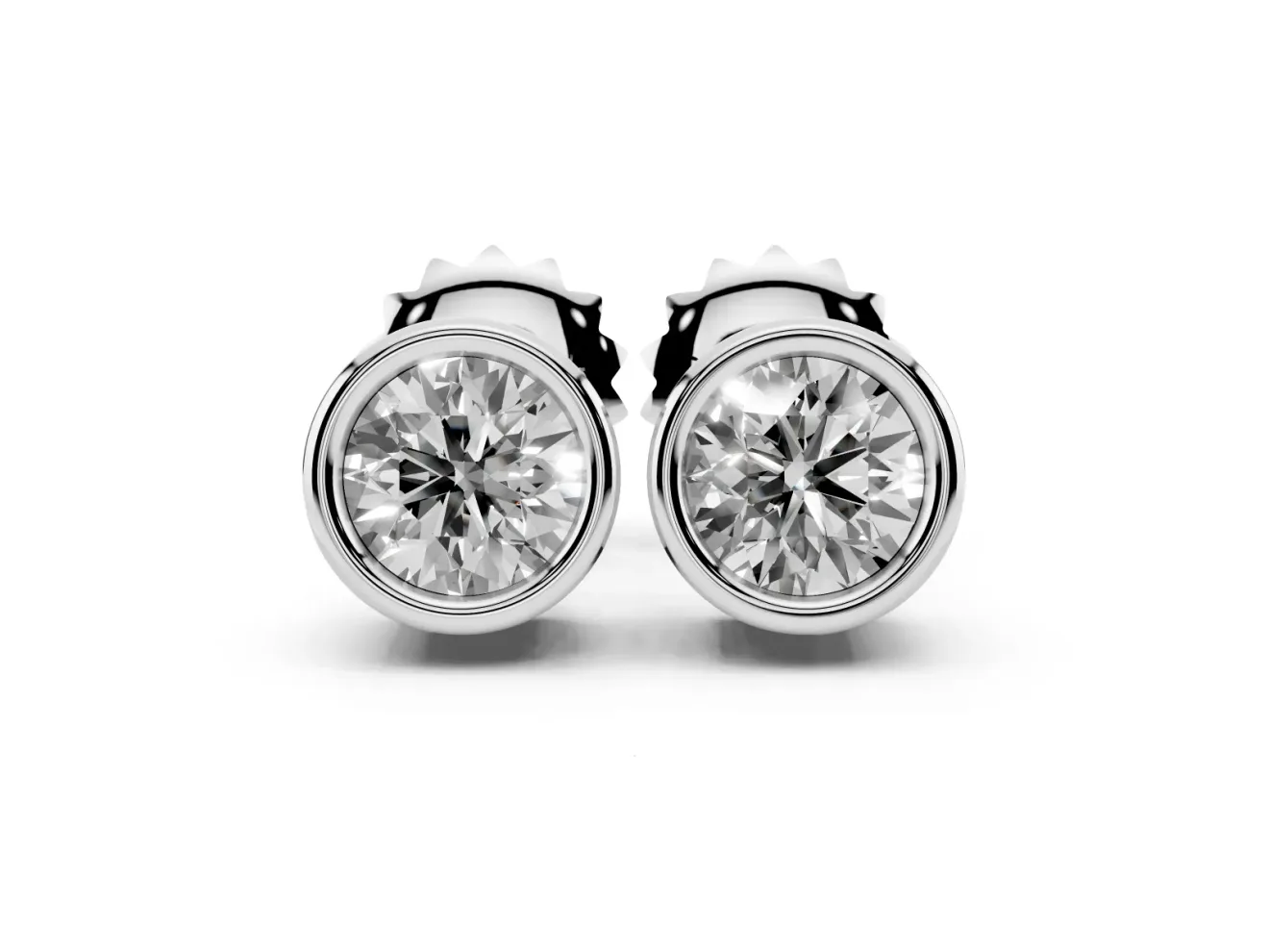 Round Lab-Grown Diamond Full Bezel Solitaire Stud Earrings | Push Backs | White Gold
