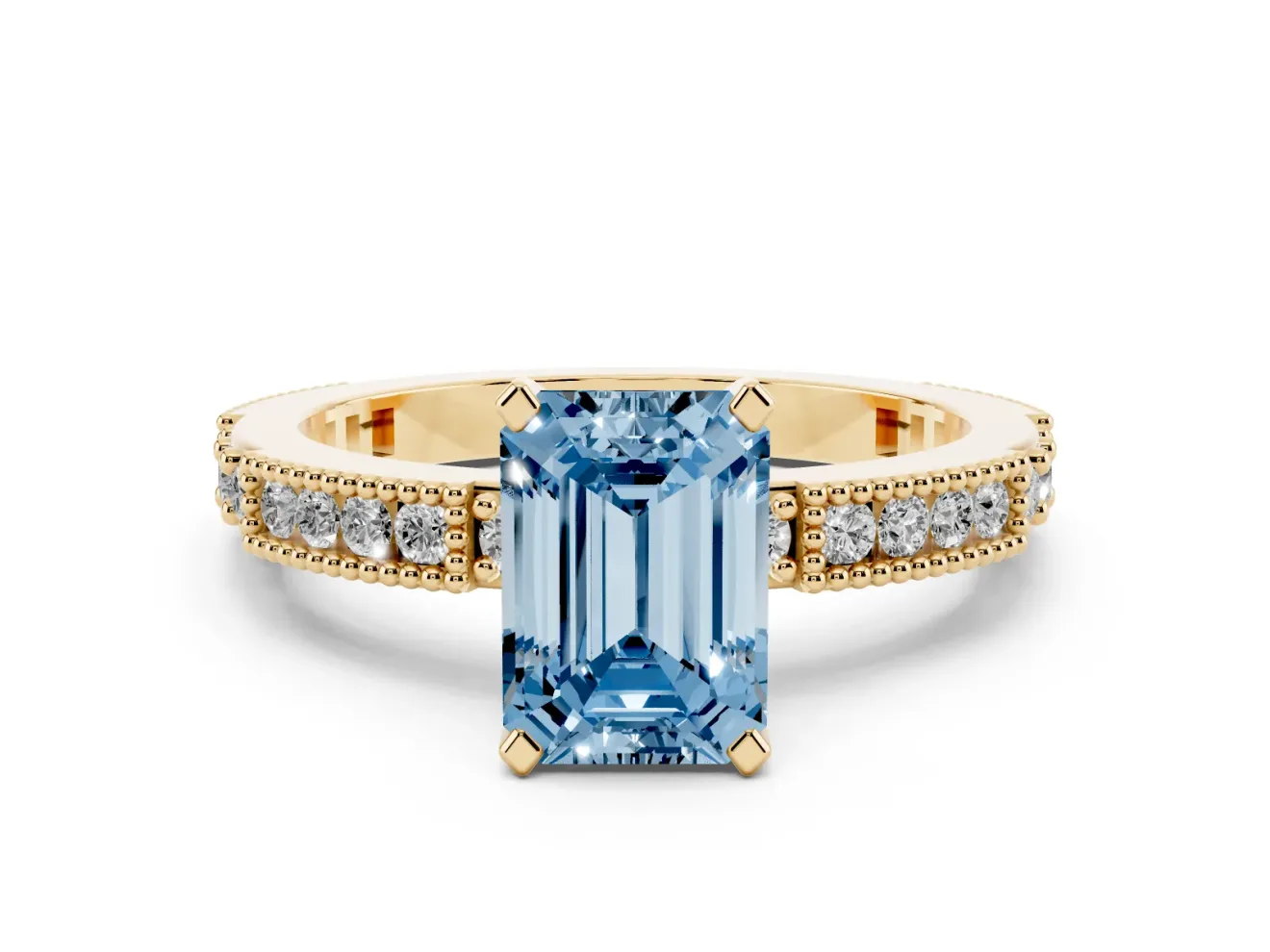 Emerald Cut Vintage Pavé Engagement Ring Setting for a Fancy Blue Lab-Grown Diamond | Yellow Gold