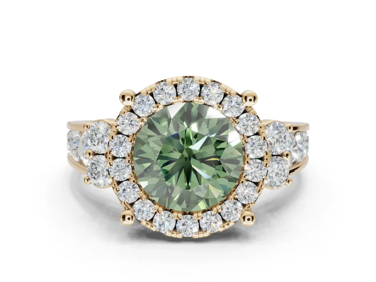 Round Halo Engagement Ring Setting for a Fancy Green Lab-Grown Diamond | Side Clusters | Yellow Gold